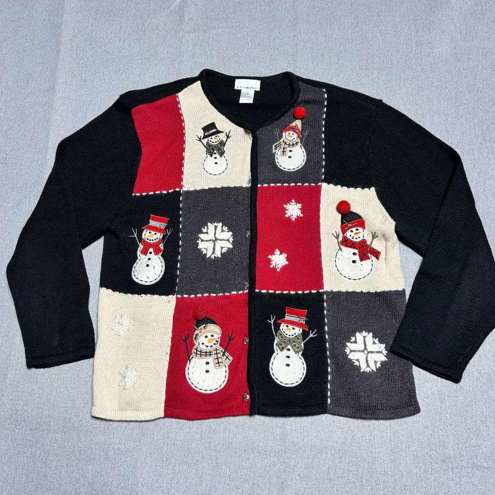 K.B. Collections Women Snowman Patchwork Cardigan L Grandmacore Cottagecore